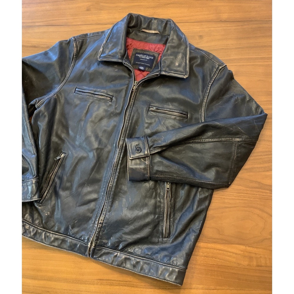 Vintage American Eagle Outfitters Leather Jacket Mens L Full Zip Brown Detroit